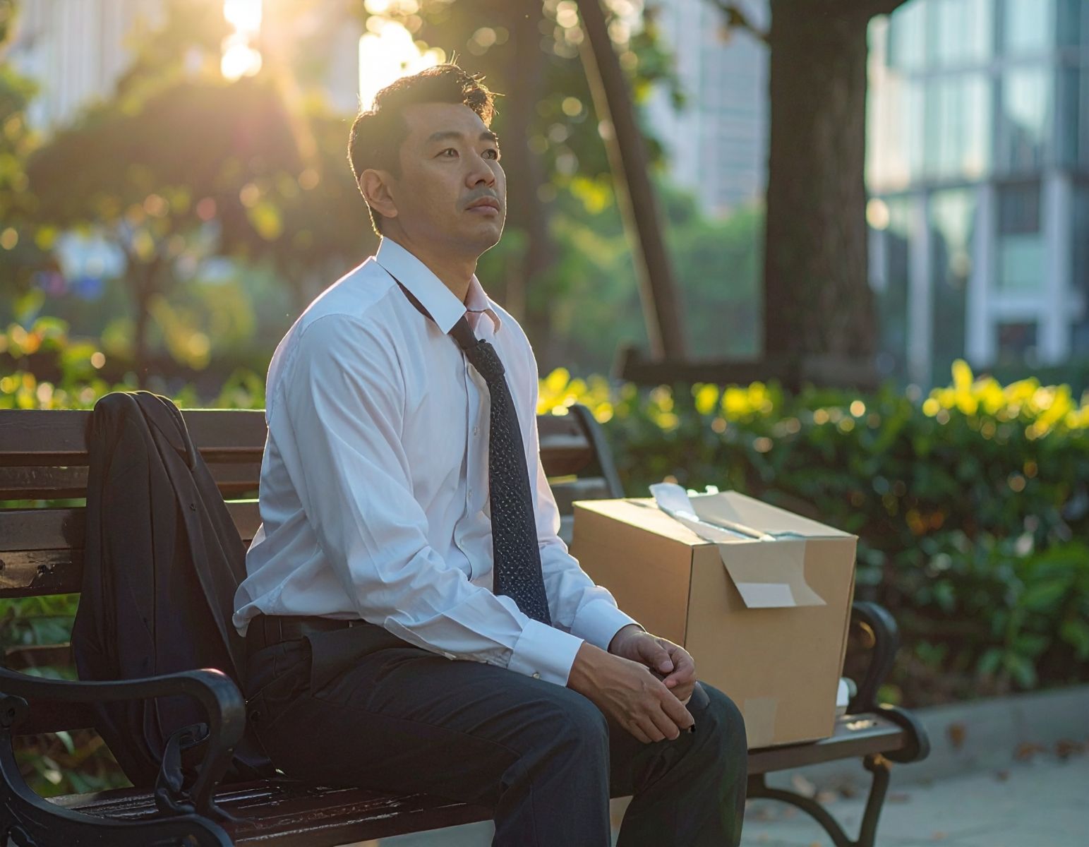 Firefly_A photorealistic, cinematic shot of a man in his late 30s, sitting on a park bench as 376026.jpg